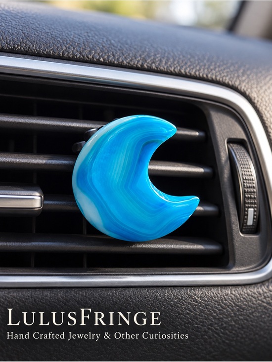 Artisan Jewelry - Blue Laced Agate Crystal Crescent Moon Stone Air Conditioner Clip Car Jewelry